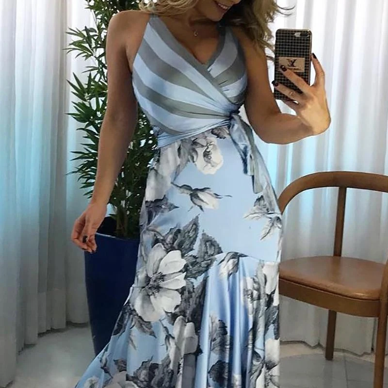 2019 Fashion Stylish Formal Summer Boho Dress Female Elegant V neck Maxi Dress Contrast Striped Belted Long Party Dress
2019 Fashion Stylish Formal Summer Boho Dress Female Elegant V neck Maxi Dress Contrast Striped Belted Long Party Dress