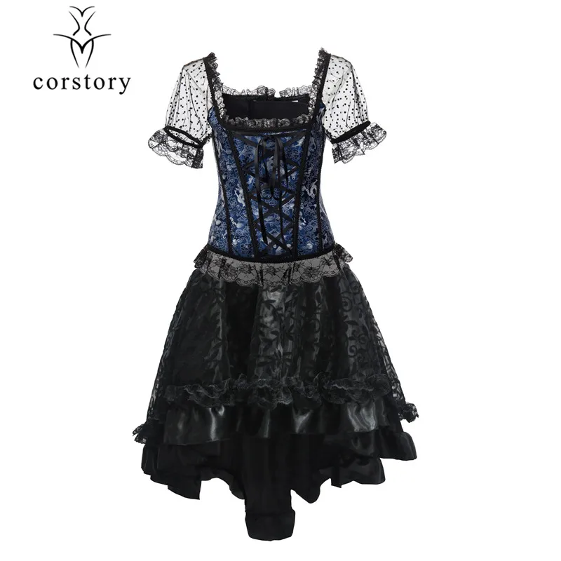 Corstory Women Slimming Sexy Lace Steampunk Costumes Victorian Blue Short Sleeve Corset Blouse Vintage Gothic Black Ruffle Skirt
Corstory Women Slimming Sexy Lace Steampunk Costumes Victorian Blue Short Sleeve Corset Blouse Vintage Gothic Black Ruffle Skirt