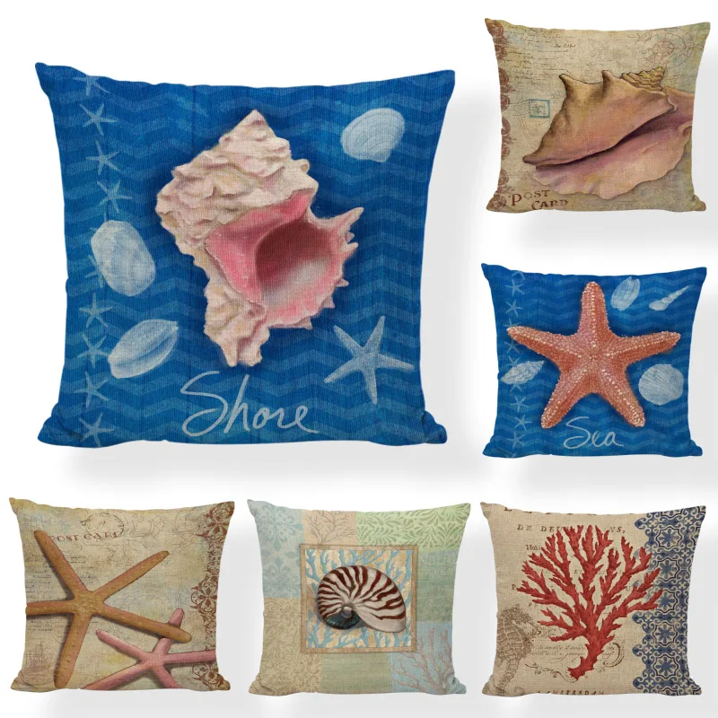 

Dropshipping Ocean Pillowcase Conch Stamps Starfish Nautilus Shells 45*45cm Home Office Living Room Sofa Decorate Cushion Cover