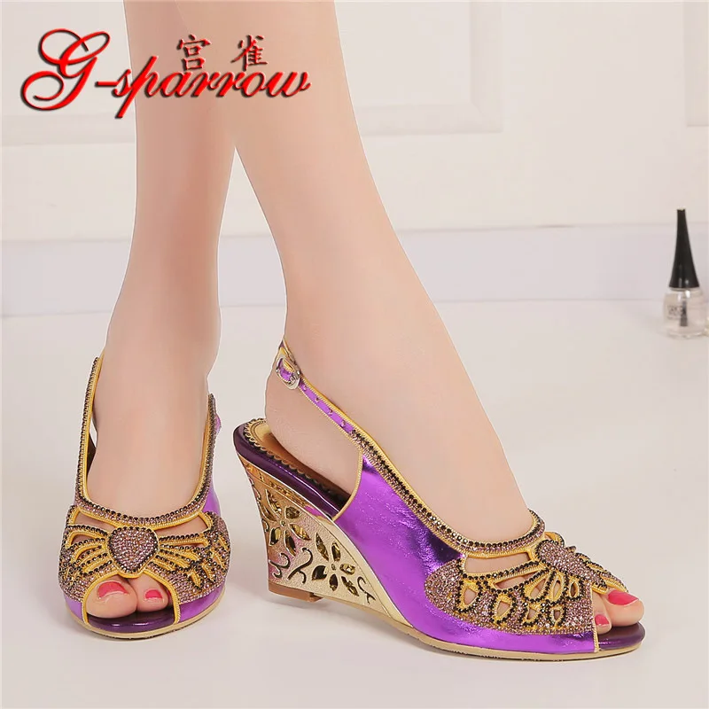 

G-SPARROW 2018 Summer New Women's Purple Elegant Peep Toe Shoes Female Diamond High Heels Wedges Sandals 8cm