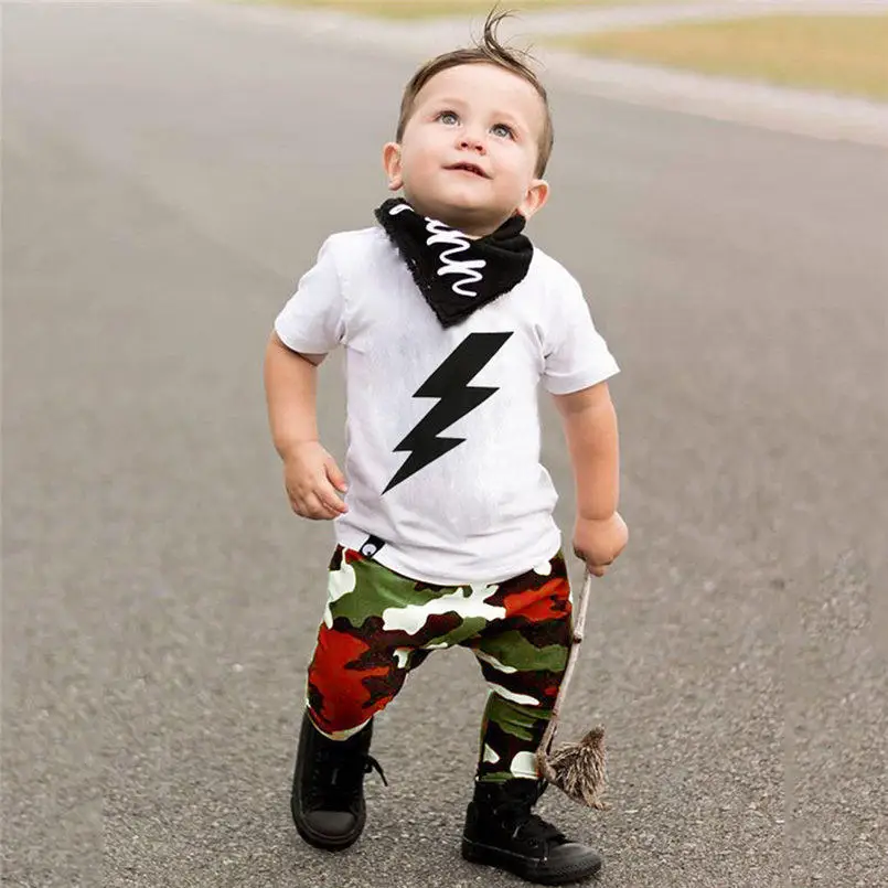 Модный комплект детской одежды для маленьких мальчиков футболка + камуфляжные