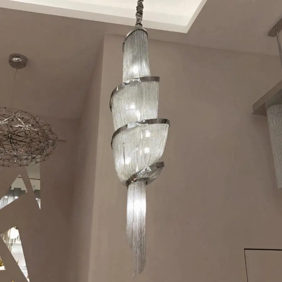 New luxury chain tassel pendant lamp LED gold/silver customizable aluminum spiral lamps hand-woven Decorative lamp
New luxury chain tassel pendant lamp LED gold/silver customizable aluminum spiral lamps hand-woven Decorative lamp