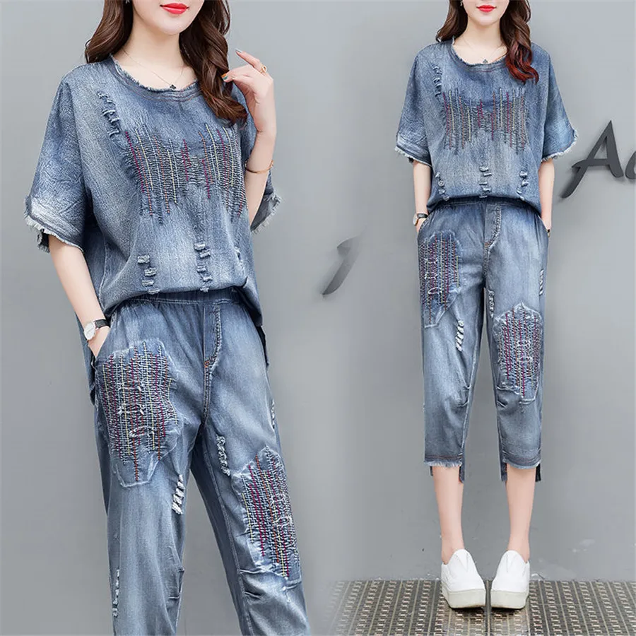 Blue Denim Suit 2 Piece Set Plus Size Women Cowboy 2019 Summer Outfits Embroidery Top and Pant Suits Loose co-ord sets Clothes
Blue Denim Suit 2 Piece Set Plus Size Women Cowboy 2019 Summer Outfits Embroidery Top and Pant Suits Loose co-ord sets Clothes