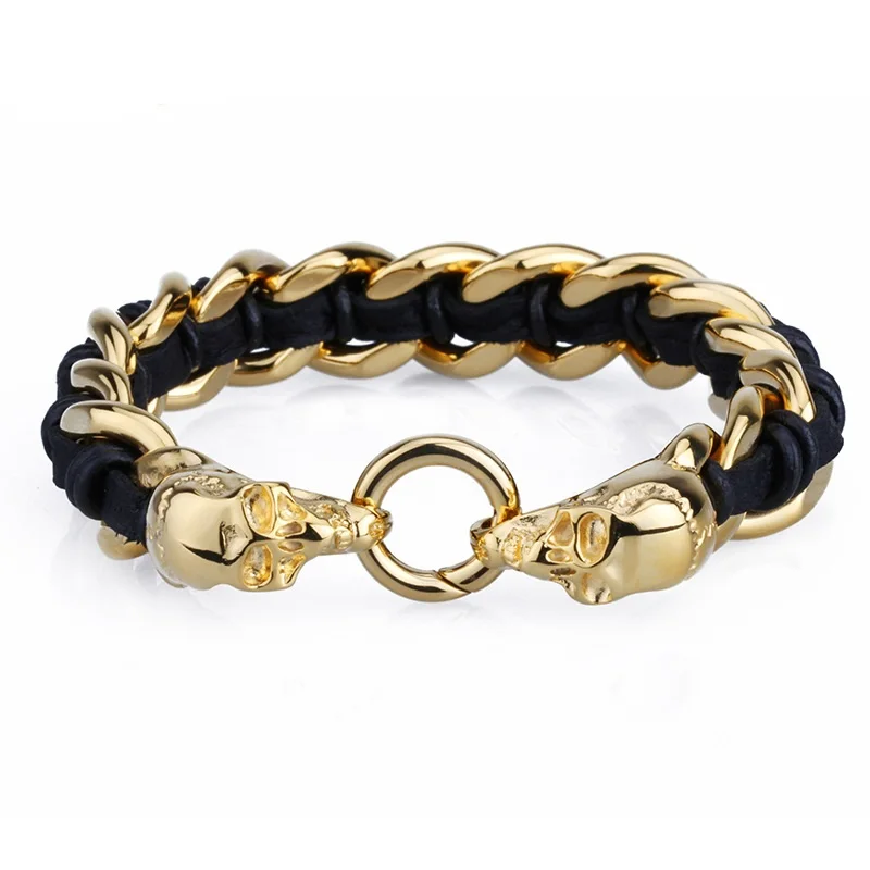 New retro bracelet domineering skull head titanium steel bracelet gold leather jewelry
New retro bracelet domineering skull head titanium steel bracelet gold leather jewelry