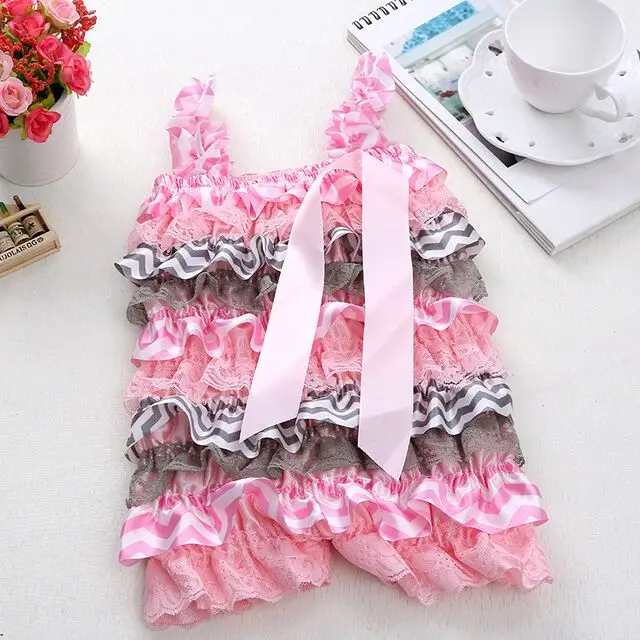 

Baby Pink Lace Zebra Satin Ruffles Romper Infant Girls Petti Romper with Straps and Ribbon Bow Kids One-piece Jumpsuit 24Pcs/lot