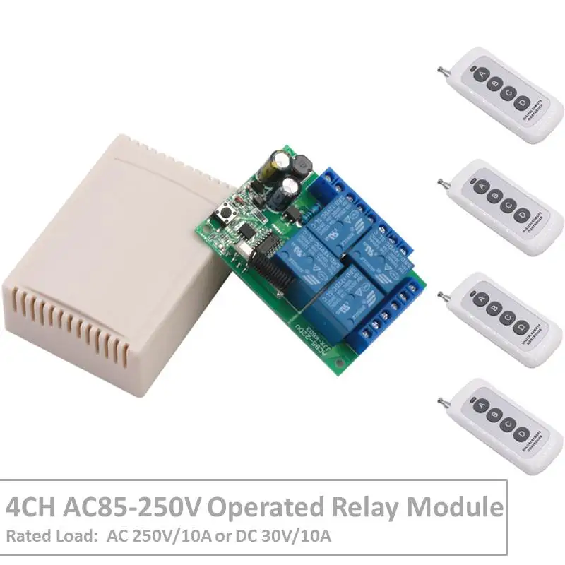 433Mhz Remote Control Switch for Light,Door, Garage Universal Wireless Remote Control AC 85V 250V 110V 220V 4CH Relay Receiver
433Mhz Remote Control Switch for Light,Door, Garage Universal Wireless Remote Control AC 85V 250V 110V 220V 4CH Relay Receiver