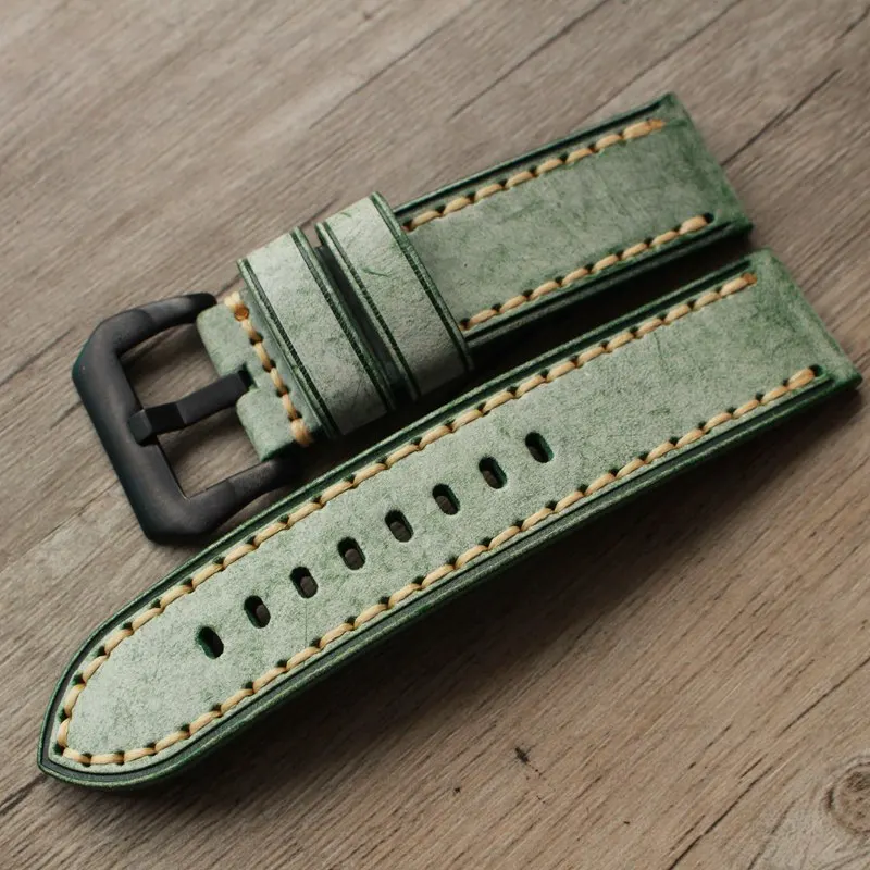 Vintage Leather Men's Watch Band 20 22 24 Personality First Cowhide Strap For PAM111 441 Watchband Green Gray leather | Наручные часы