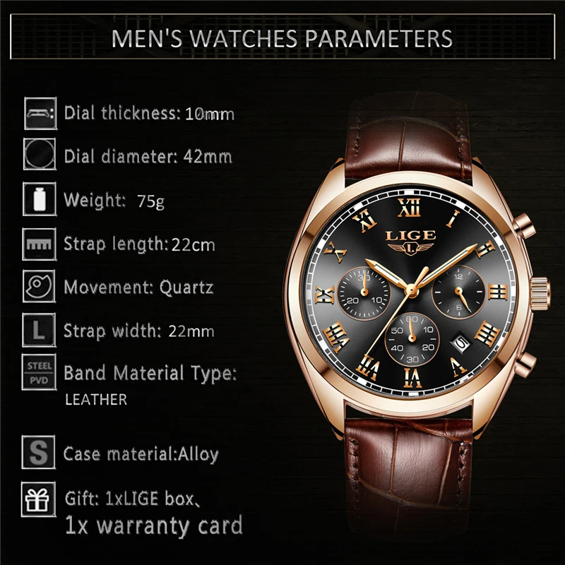 LIGE Watch For Men Waterproof Sport Chronograph Date Calendar Quartz Watches Men Luxury Business Brown Leather Wristwatches 2018
LIGE Watch For Men Waterproof Sport Chronograph Date Calendar Quartz Watches Men Luxury Business Brown Leather Wristwatches 2018