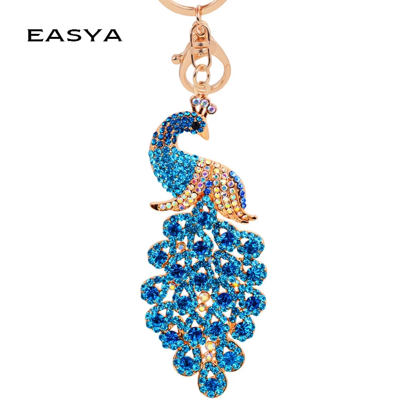 

EASYA 4 Colors Bling Rhinestone KeyChain Elegant Colorful Peacock Keychain Peafowl Peahen Keyring Bag Pendant Car Key Chain Ring
