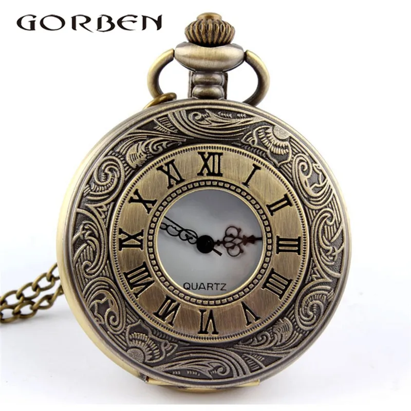 

Classical antique Roman numerals pocket watch empty circle surface quartz pocket watch with chain hollow out unisex watches