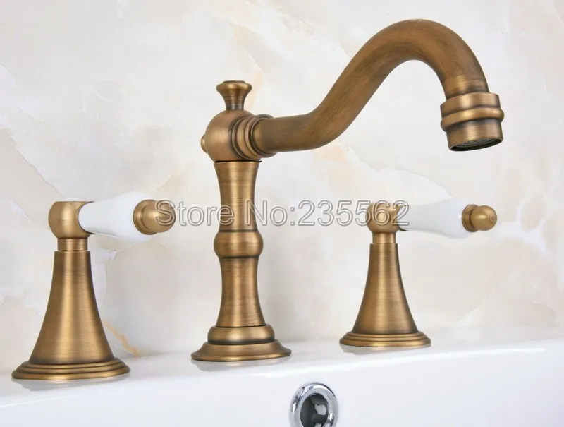 

Deck Mounted Antique Brass 8" Widespread 3 Hole Basin Faucet Dual Handles Bathroom Tub Sink Mixer Taps Lan084