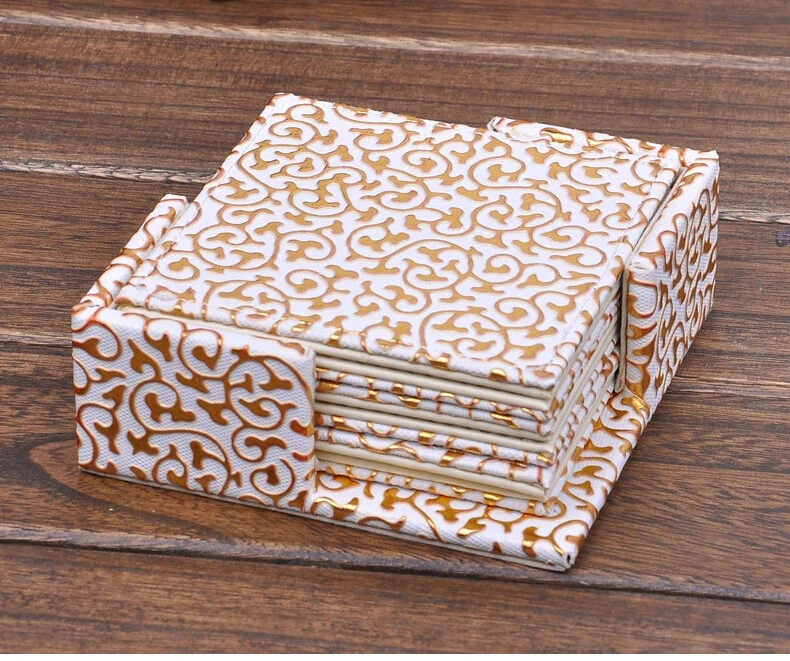 4'' square PU leateher coffee tea cup pad cup mat coaster placemat paper lace doilies gold over white 2141A
4'' square PU leateher coffee tea cup pad cup mat coaster placemat paper lace doilies gold over white 2141A