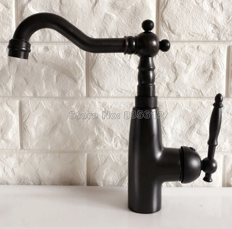 

Black Oil Rubbed Bronze Deck Mounted Bathroom Basin Faucet Vessel Sink Mixer Taps Swivel Spout Cold & Hot Water Faucets Wnf374