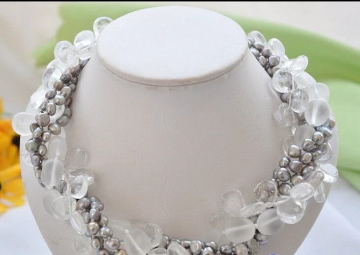 

Красивое 5-рядное ожерелье из серый жемчуг барокко прозрачных кристаллов 17 дюймов