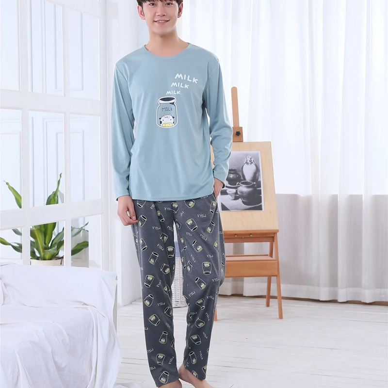 2018 Autumn Winter Cotton Pajamas Sets for Men Long Sleeve Cartoon Pyjama Casual Sleepwear Male Homewear Loungewear Home Clothes | Мужская