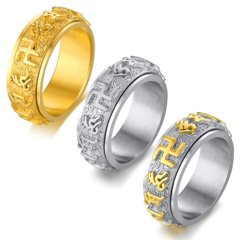 Titanium SteelMantra Amulet Spinner Rings for Men Tibetan Buddhism Swastika Ten thousand characters can be rotated Retro ring | Украшения и