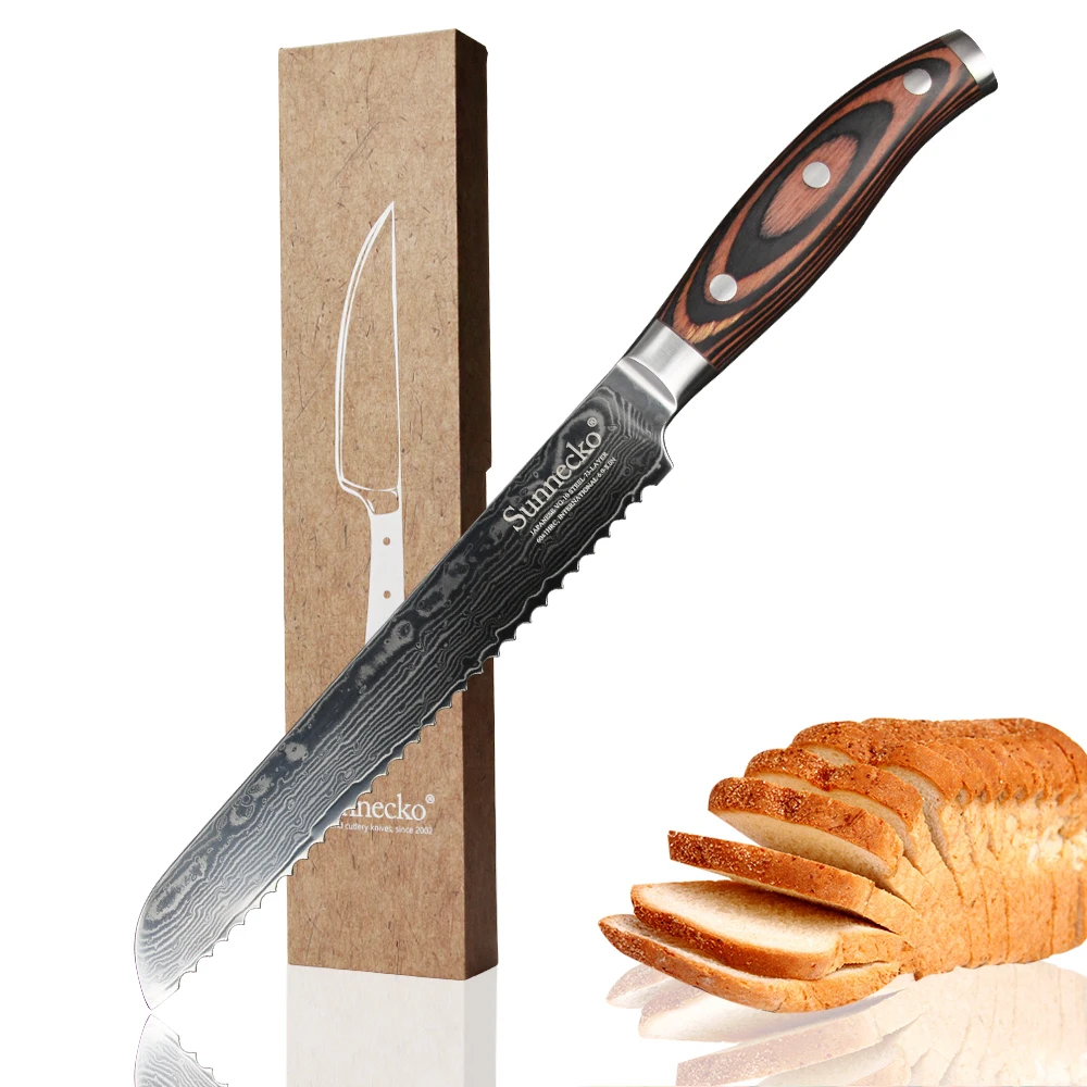 SUNNECKO 8" Damascus Bread Knife Japanese VG10 Core Steel Sharp Blade 59-60HRC Strong Hardness Kitchen Knives Pakka Wood Handle
SUNNECKO 8" Damascus Bread Knife Japanese VG10 Core Steel Sharp Blade 59-60HRC Strong Hardness Kitchen Knives Pakka Wood Handle