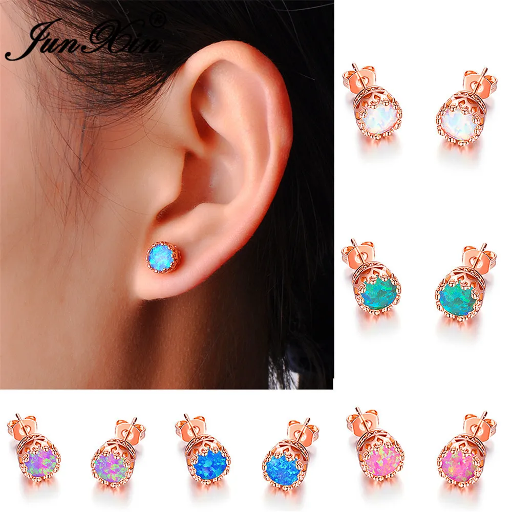 JUNXIN Female White/Blue/Pink/Purple Round Fire Opal Stud Earrings Rose Gold Filled Jewelry Double Earrings For Women
JUNXIN Female White/Blue/Pink/Purple Round Fire Opal Stud Earrings Rose Gold Filled Jewelry Double Earrings For Women