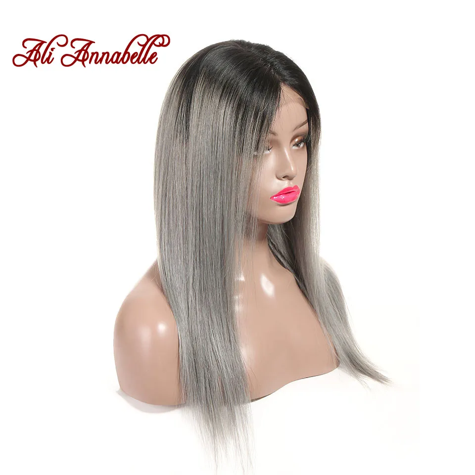 ALI ANNABELLE волосы бразильский парик фронта шнурка прямые 16 дюймов парики Ombre 1B/серый