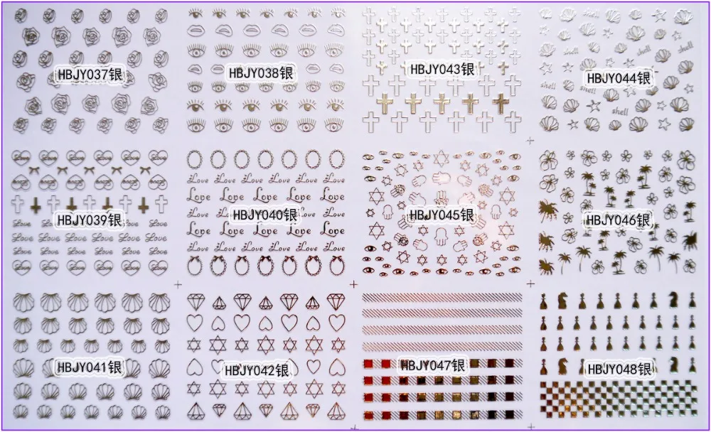 12 PCS / LOT SELF-ADHESIVE 3D NAIL TATTOOS STICKER WHITE BLACK GOLD SILVER COLOR EYES ROSE CROSS CONCH DIAMOND RING HBJY037-048
12 PCS / LOT SELF-ADHESIVE 3D NAIL TATTOOS STICKER WHITE BLACK GOLD SILVER COLOR EYES ROSE CROSS CONCH DIAMOND RING HBJY037-048