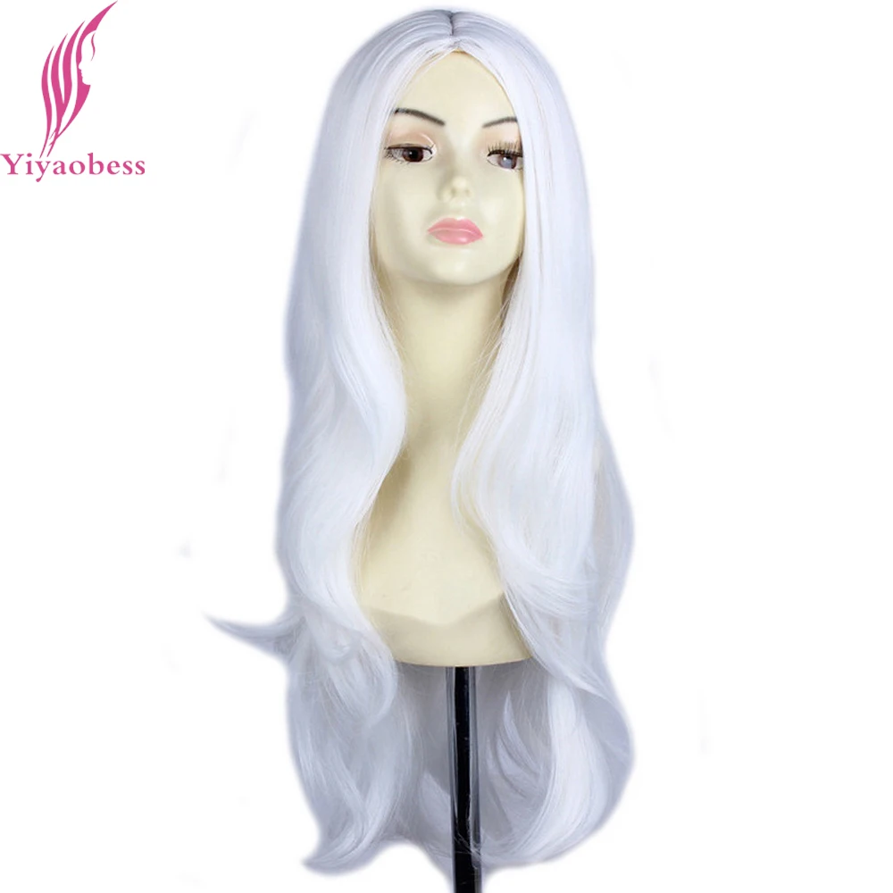 

Yiyaobess 28 дюймов длинный волнистый белый парик для косплея, синтетические волосы, костюм на Хэллоуин, средняя часть, женские вечерние парики