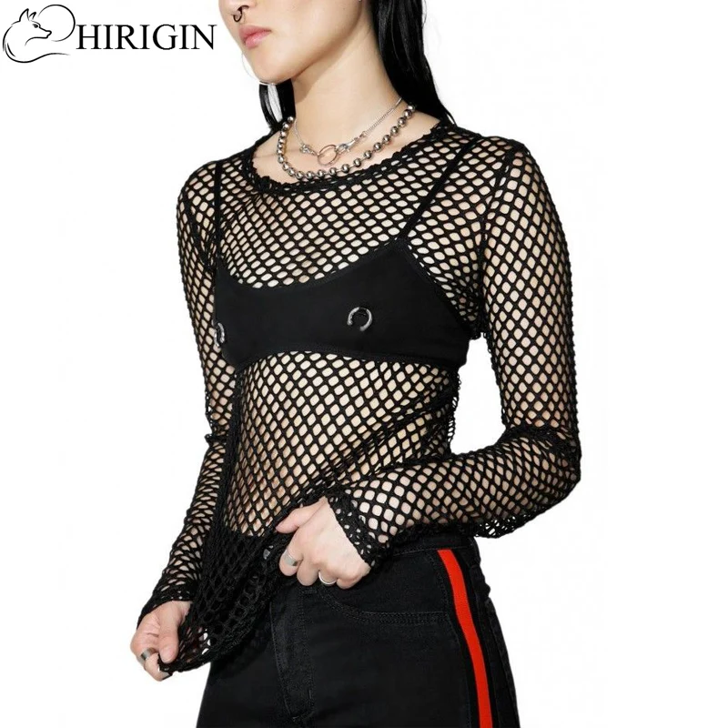 

HIRIGIN Womens Summer Fishnet Exposed Cover-Ups Long Sleeve Black Gothic Casual Tops Loose See Though Sheer Mesh Bikini Set