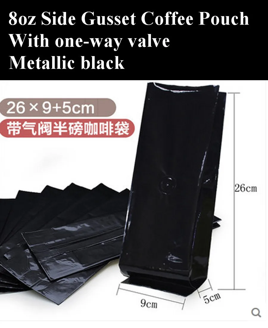 8oz Coffee Pouch with One-way Valve, 1/2 pound Metallic Black Foil Coffee Bean Packaging Bag, 100pcs/lot Free Shipping
8oz Coffee Pouch with One-way Valve, 1/2 pound Metallic Black Foil Coffee Bean Packaging Bag, 100pcs/lot Free Shipping