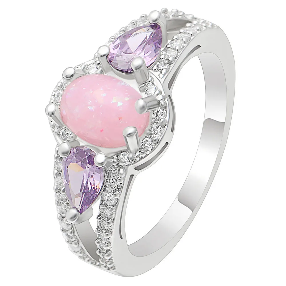 

New Silver Color Oval White Pink Purple AAA+ Fire Opal Ring Wedding Engagement Purple Promise Jewelry Anniversary Valentine' Day