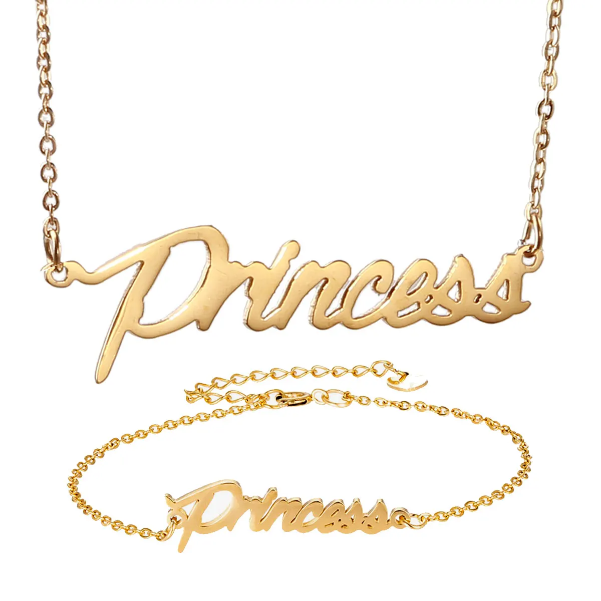 Fashion Stainless Steel Name Necklace Bracelet Set " Princess " Script Letter Gold Choker Chain Necklace Pendant Nameplate Gift
Fashion Stainless Steel Name Necklace Bracelet Set " Princess " Script Letter Gold Choker Chain Necklace Pendant Nameplate Gift