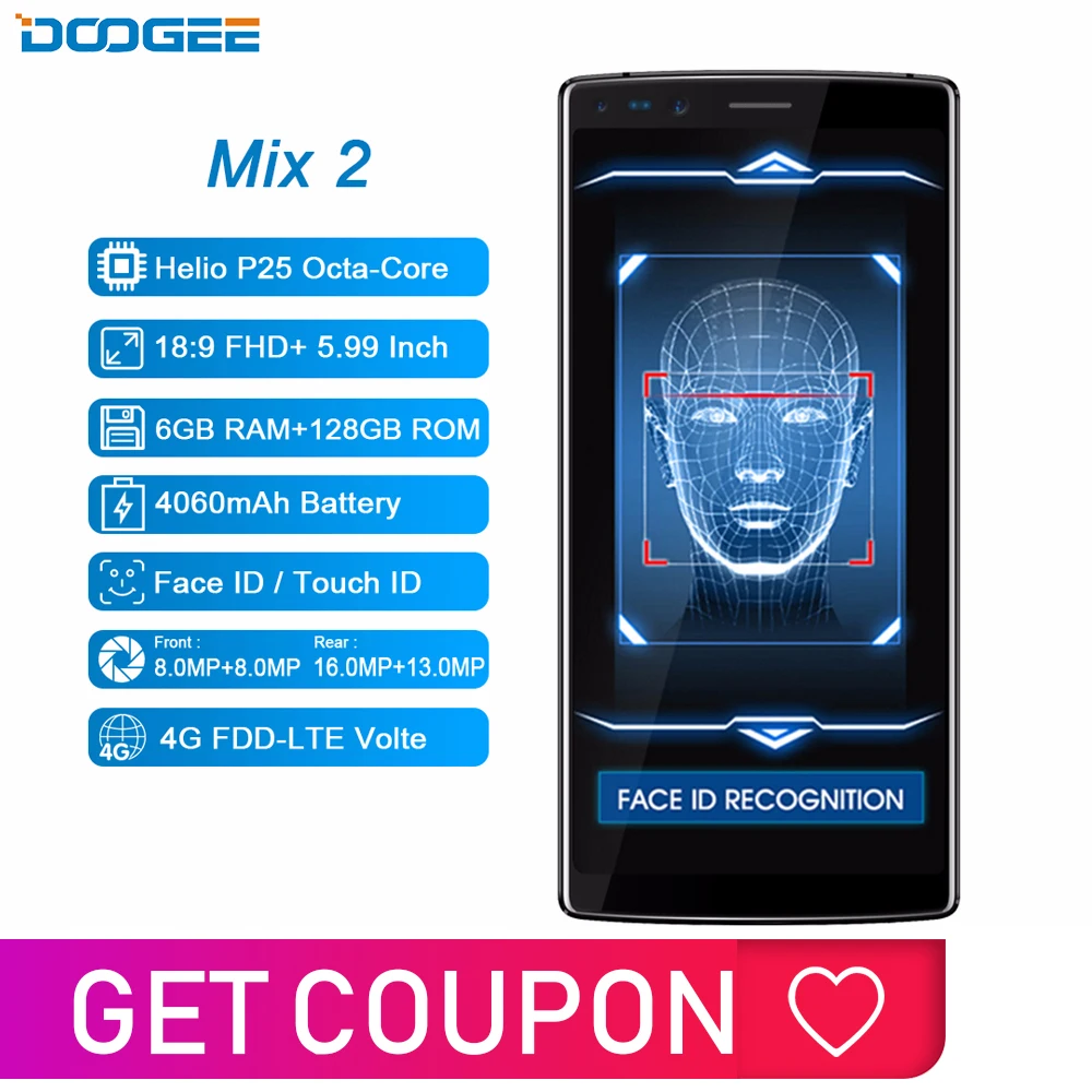 DOOGEE Mix 2 6 ГБ Оперативная память 128 Гб Встроенная Android 7 1 4060 мАч 5 99 ''fhd + Helio P25