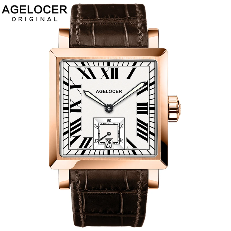 

AGELOCER Swiss Watches Men Brand Business Watch Black Calendar Big Date Luminous Analog Gift Wristwatch Man Square Seconds Dial