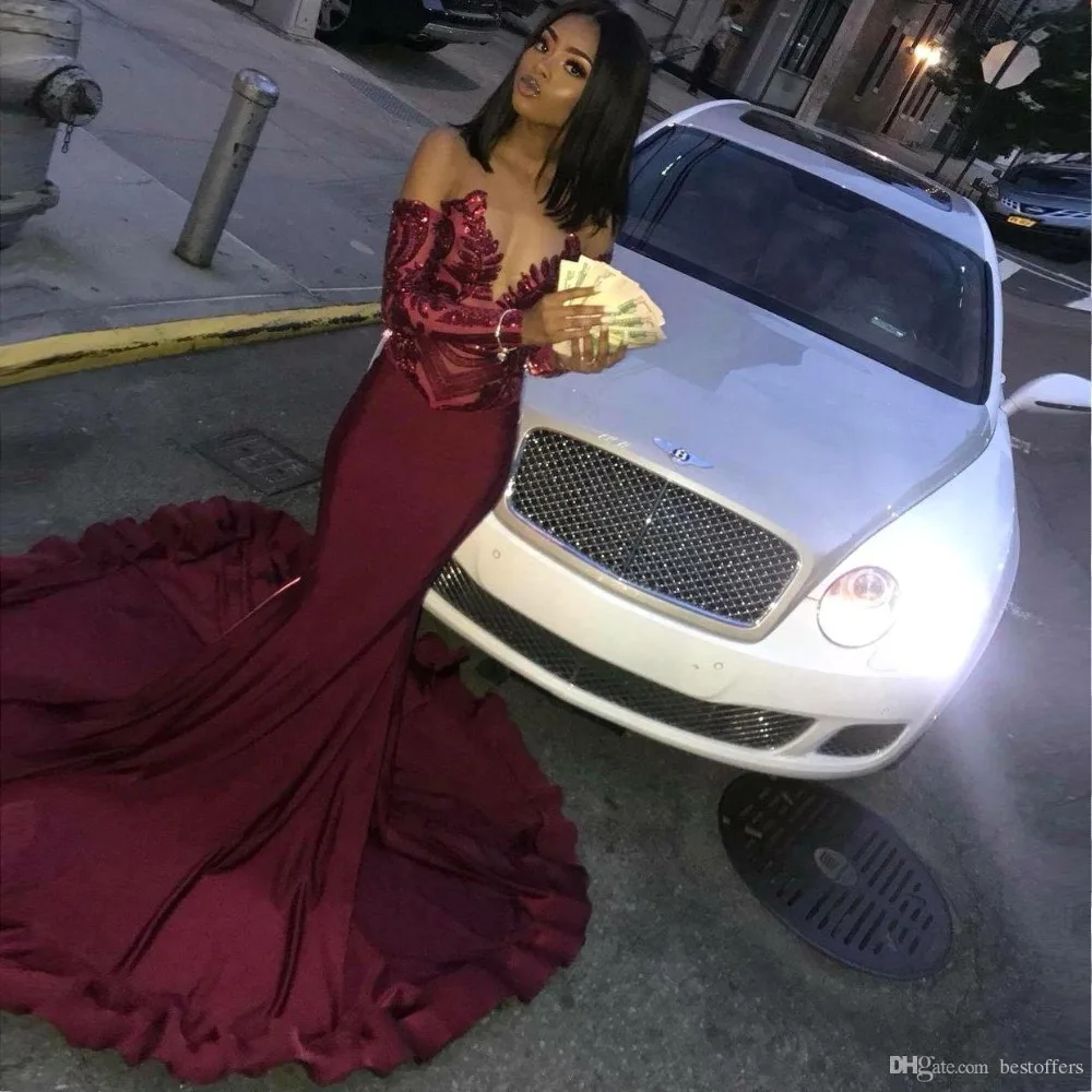 Sexy African Long Sleeves Mermaid Burgundy Prom Dresses Long Sheer Neck Sequined Black Girl Prom Dresses Formal Party Gown
Sexy African Long Sleeves Mermaid Burgundy Prom Dresses Long Sheer Neck Sequined Black Girl Prom Dresses Formal Party Gown