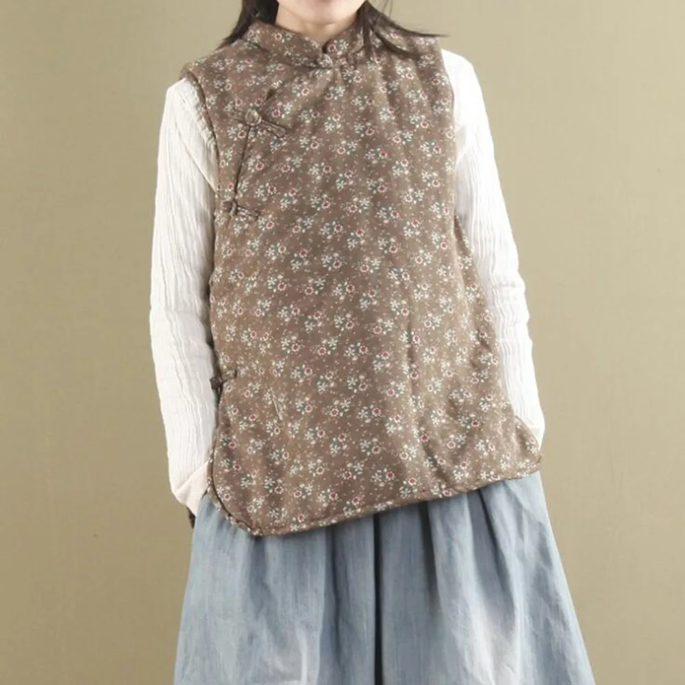 Runback Print Veste Femme Cotton Padded Button Sleeveless Stand Collar Vest Women Warm Jackets Winter 2020 Waistcoats | Женская одежда