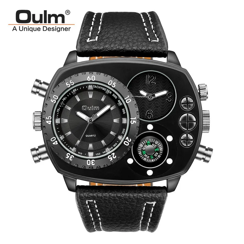 

Oulm 9865 Big Watch Two Time Zone Men's Wristwatches Luxury Brand Genuine Leather Strap Sport Watch Male Quartz Clock Man Hours