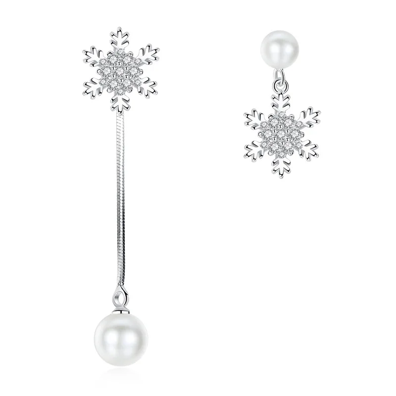 

100% 925 sterling silver fashion pearl shiny crystal snowflake asymmetric tassels ladies stud earrings jewelry women