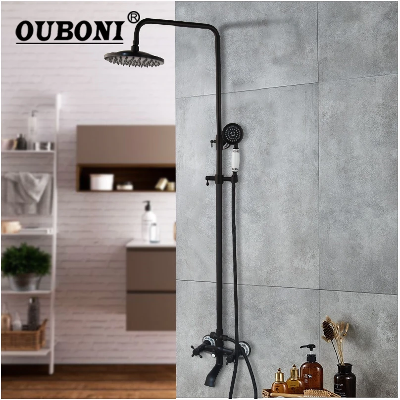 

8 Inch Wall Mount Black Rainfall Round Shower Head Faucet 3 Functions Dual Handles Bathroom Bathtub Shower Faucet Set Mixer Tap