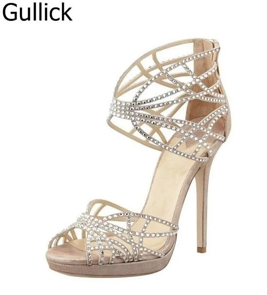 

Hot Sale Crystal Embellished Strappy Sandals Beige Suede Cut-out Cage Shoes For Women Back Zipper High Heel Summer Dress Shoes