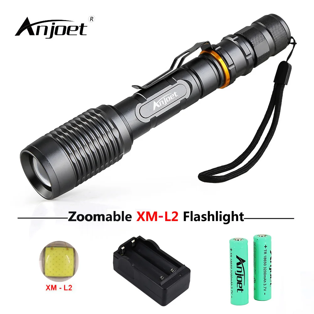 

ANJOET 1000lm LED Flashlights 18650 zoom torch waterproof 5 mode flash lamp XM-L2 led Zoomable light + Charger + 2* Battery