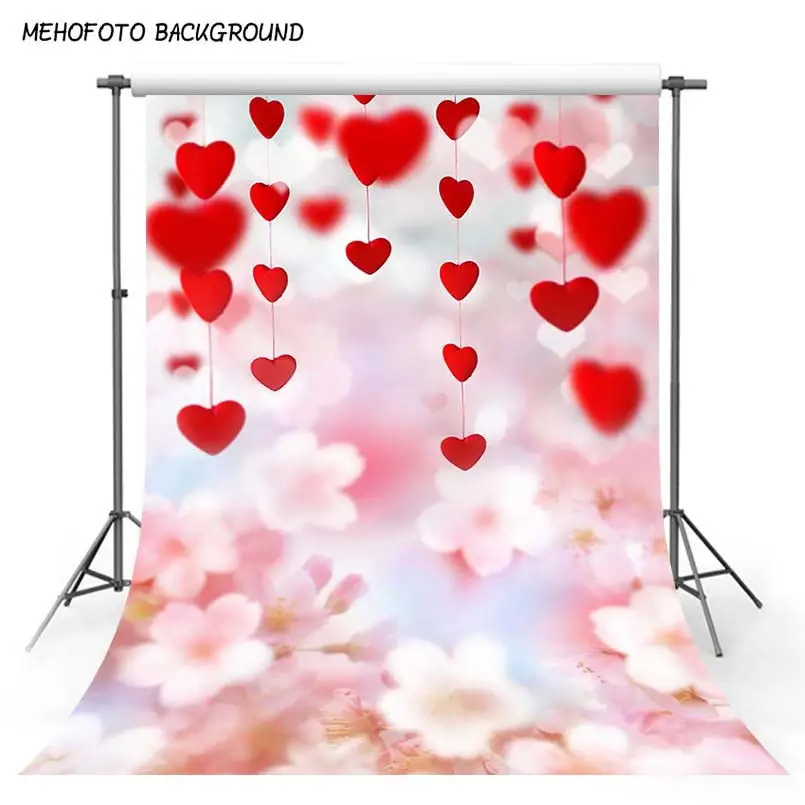 

Photography Backgrounds 5x7ft Red Small Hearts Pink Flowers Backdrops for Valentine's Day Baby Shower Photographic Backdrop