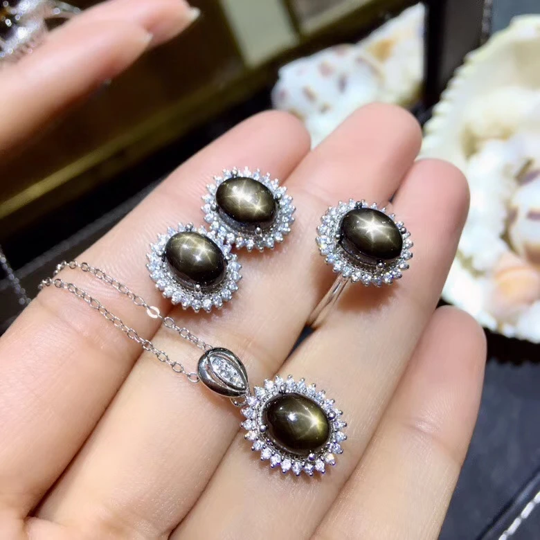 Natural black starlight sapphire jewelry sets natural gemstone ring Earrings Pendant 925 silver Stylish round women fine jewelry
Natural black starlight sapphire jewelry sets natural gemstone ring Earrings Pendant 925 silver Stylish round women fine jewelry