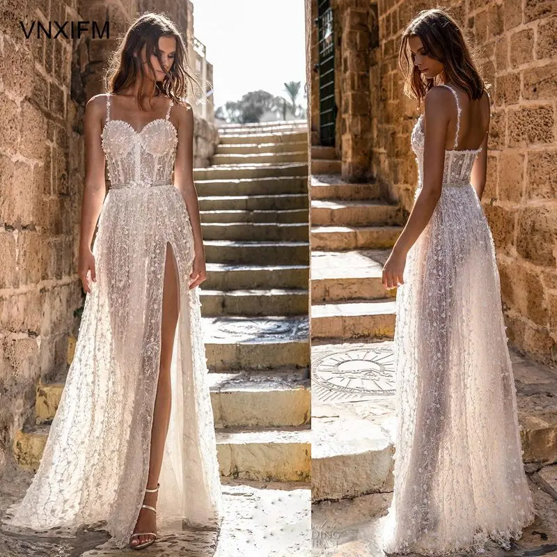 VNXIFM 2019-bridal-sleeveless-thin-strap-sweetheart-neckline-full-bustier-slit-skirt-romantic-sexy-a-line-wedding-dress | Свадьбы и