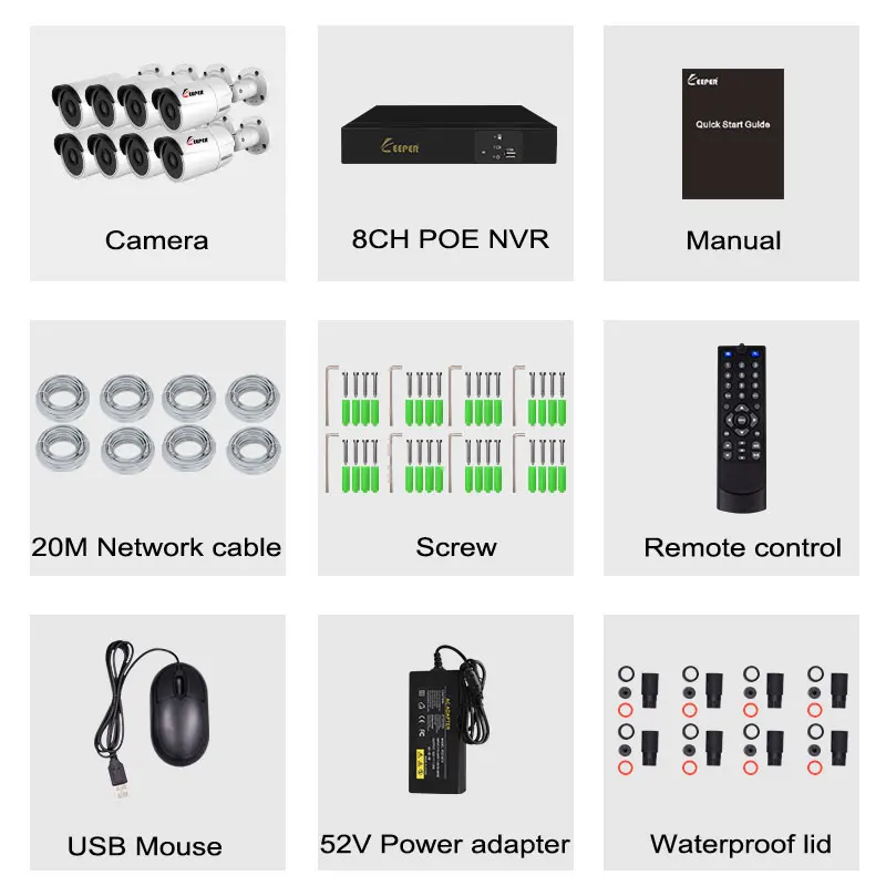 Keeper H.265 2MP 8CH POE NVR CCTV System with 8PCS 1080P Outdoor Waterproof POE IP Camera P2P Cloud Onvif CCTV Camera kit
Keeper H.265 2MP 8CH POE NVR CCTV System with 8PCS 1080P Outdoor Waterproof POE IP Camera P2P Cloud Onvif CCTV Camera kit