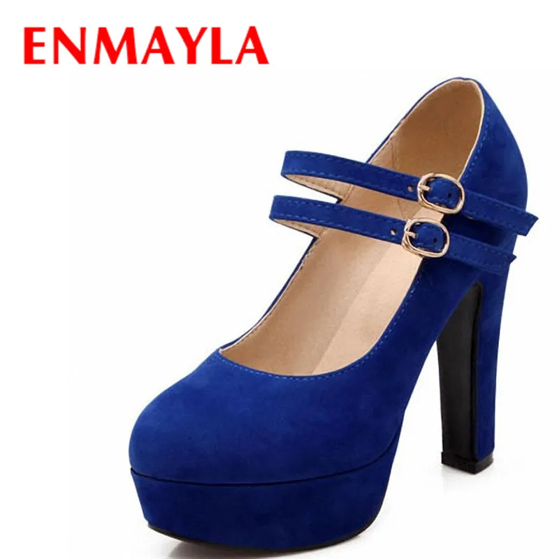 

ENMAYLA Sexy High Heels Mary Janes Shoes Women Round Toe Platform Pumps Flock Wedding Shoes Woman Plus Size 47 Black Blue Pumps