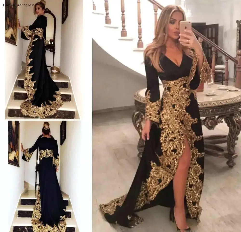 Black V Neck Long Sleeves Evening Dresses 2019 New Arrival Gold Appliques Holiday Wear Formal Party Prom Gowns Plus Size
Black V Neck Long Sleeves Evening Dresses 2019 New Arrival Gold Appliques Holiday Wear Formal Party Prom Gowns Plus Size