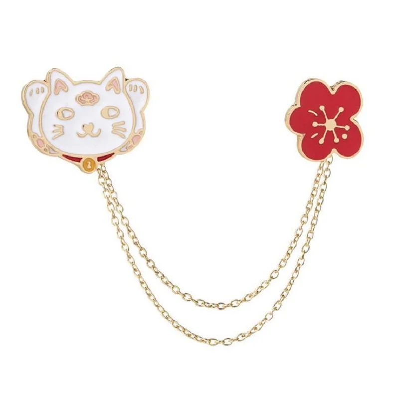 Fashion Good Luck Amulet Brooch Pins 2 pcs/set Lucky Cat With Flower/ Ten million Golden Cute Women Enamel Jewelry | Украшения и