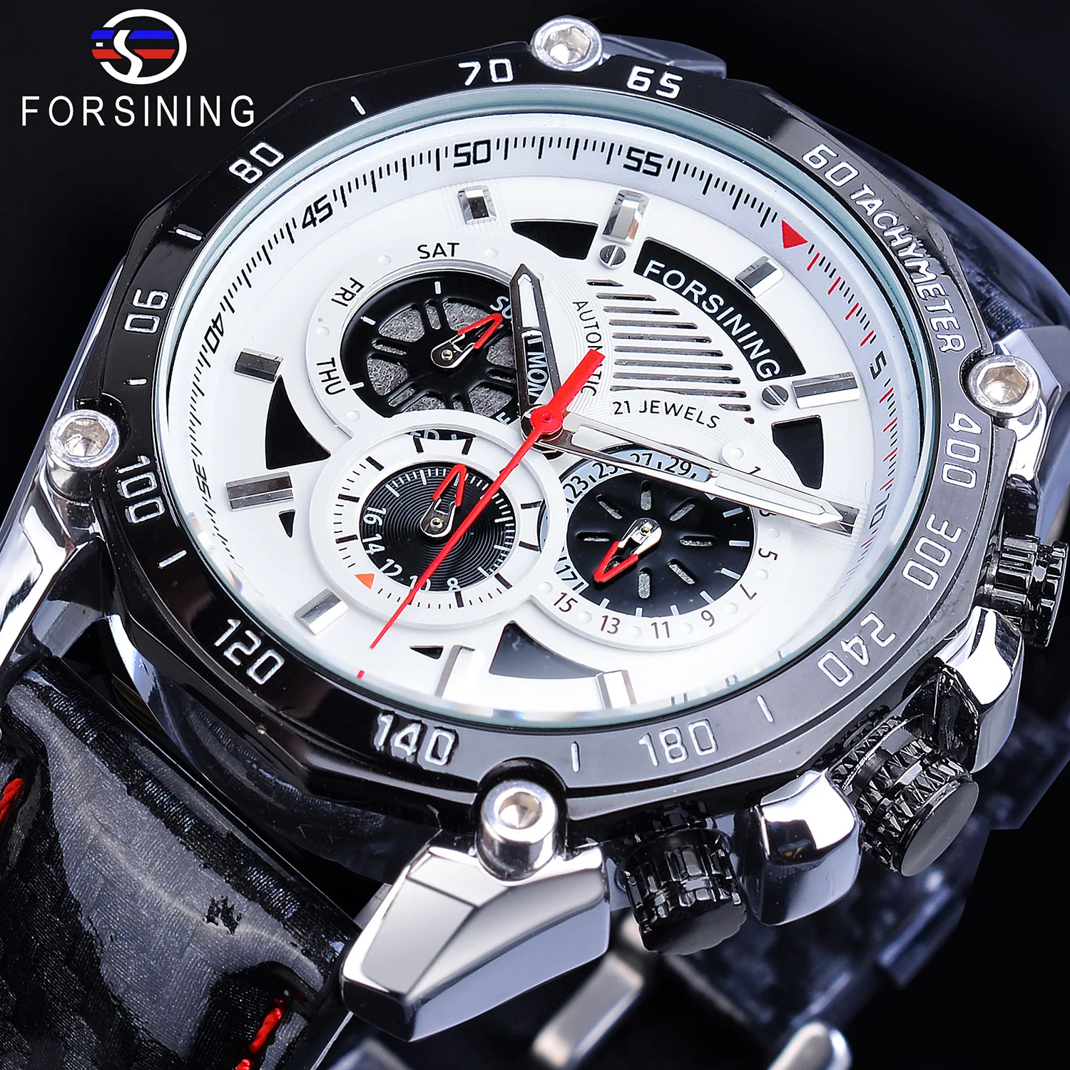 Forsining Male Watch Automatic White 6 Hands Date Display Shiny Genuine Leather Strap Racing Running Glow Hands Mechanical Clock
Forsining Male Watch Automatic White 6 Hands Date Display Shiny Genuine Leather Strap Racing Running Glow Hands Mechanical Clock