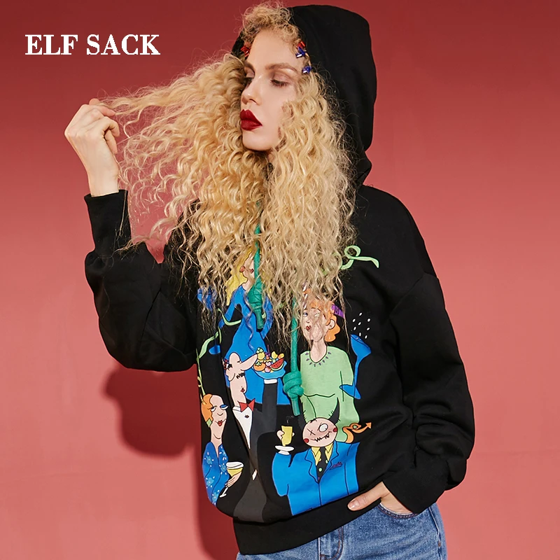 ELF SACK New Woman Sweatshirts Casual Cotton Print Full Oversized Hoodies Women Pullovers Femme Sudadera Female Tops | Женская одежда