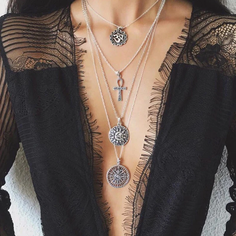 Женский набор колье Om Yoga Cross Tarot Sign ажурная круглая подвеска многослойное