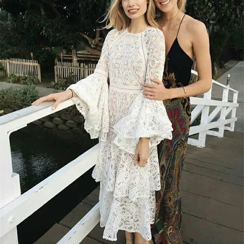 Luxury Designer High Quality Elegant Women European Flare Sleeve Hollow Out Lace Cascading Ruffles Dress
Luxury Designer High Quality Elegant Women European Flare Sleeve Hollow Out Lace Cascading Ruffles Dress