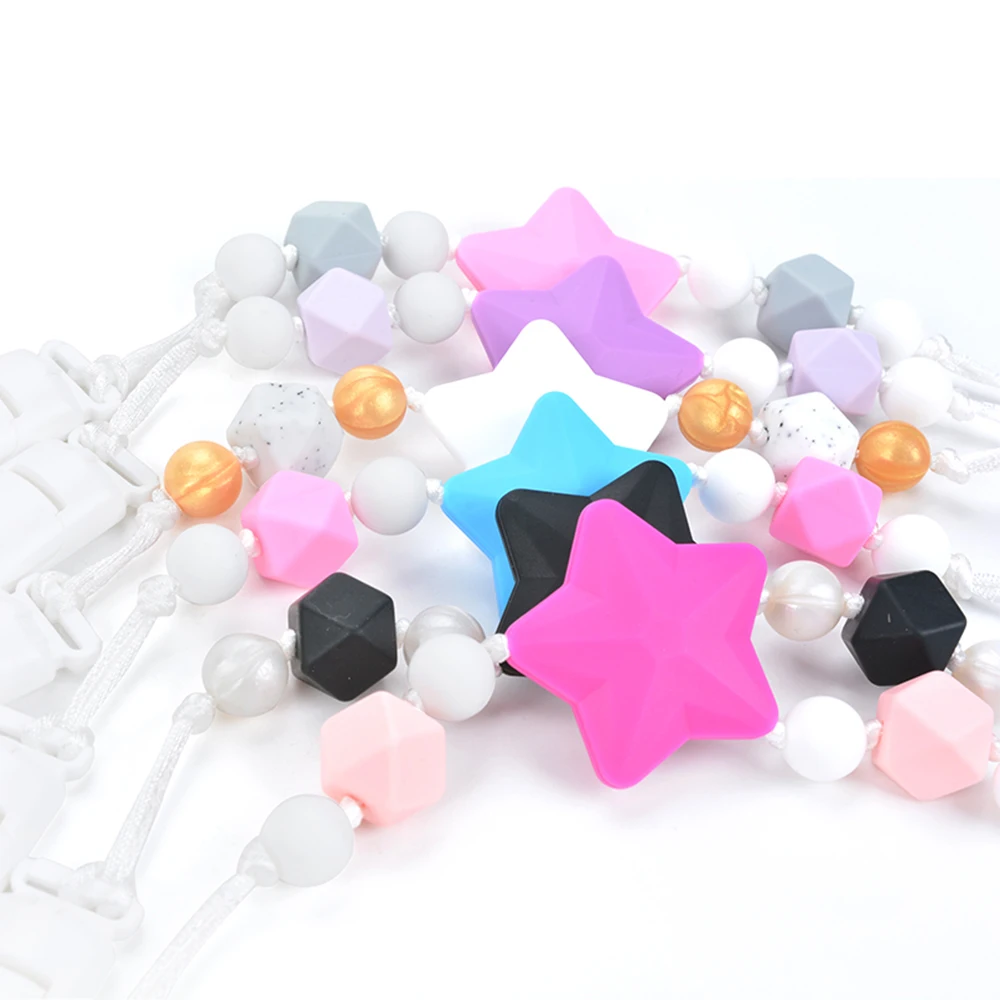 Silicone Star Beads Teether Baby Chewable Silicone Pacifier Clip Chain BPA Free Toys For Teeth Baby Teething Necklace Holder
Silicone Star Beads Teether Baby Chewable Silicone Pacifier Clip Chain BPA Free Toys For Teeth Baby Teething Necklace Holder